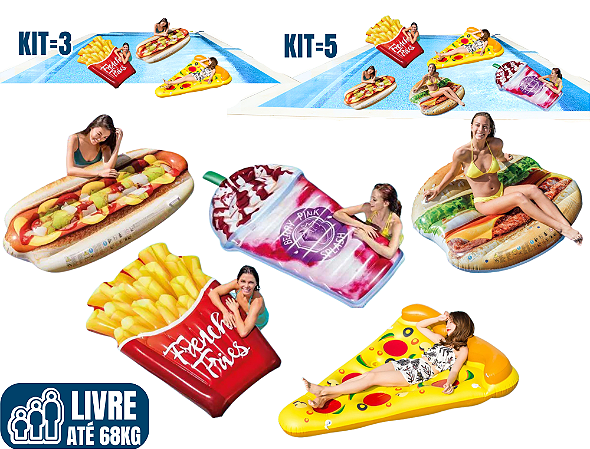 Kit com 3 ou 5 Boias Gigantes: FAST-FOOD (opções: Batata Frita, Milk Shake, Hot Dog, Hambúrger ou Pizza)