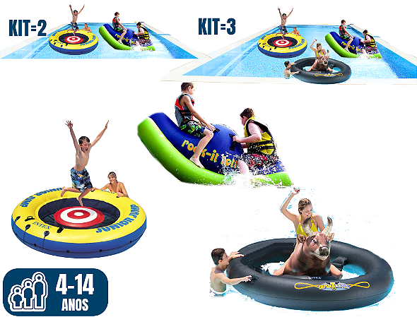 Kit com 2 ou 3 Brinquedos para Piscina até 12 anos (opções: INFLATABULL, ROCK-IT ou JUNIOR JUMP)
