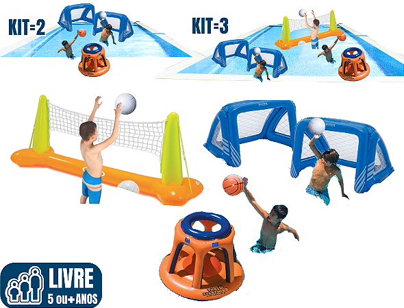Kit com 2 ou 3 Jogos Esportivos Infláveis para Piscina (opções: PÓLO AQUÁTICO, ACQUA VÔLEI ou BASQUETE WATER)