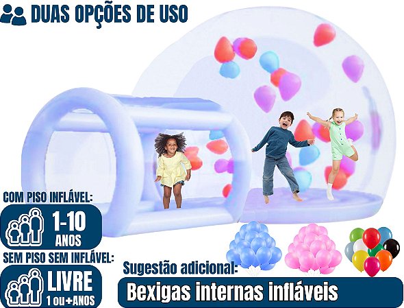 BUBBLE HOUSE PREMIUM inflável transparente (2 opções de uso: chão pula-pula para crianças ou piso não-inflável para qualquer idade) (4m x 5,5m/ altura: 3,10m)