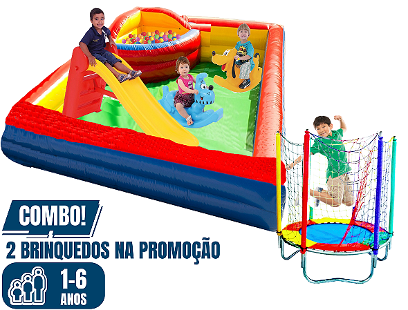 PROMO KIT: MINI-Cama Elástica + ESPAÇO BABY (4x1: bolinhas, escorregador, gangorras e opcional de mini-cama elástica) (área do espaço baby: 3m x 3m) (área da mini-cama: 1,5m x 1,5m)