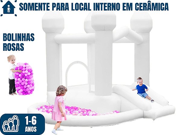 Pula Pula CASTELINHO BRANCO BABY com BOLINHAS COR-DE-ROSA (para local interno em cerâmica) (3x1: pula-pula, bolinhas e mini-escorrego) (área total: 3,5m x 3m / altura: 2,40m)