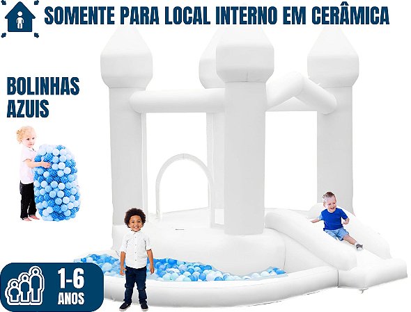 Pula Pula CASTELINHO BRANCO BABY com BOLINHAS AZUIS  (para local interno em cerâmica) (3x1: pula-pula, bolinhas e mini-escorrego) (área total: 3,5m x 3m / altura: 2,40m)
