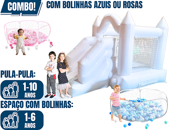 Pula-Pula CASTELINHO BRANCO PREMIUM com espaço para BOLINHAS (3x1: pula-pula,  rampa e bolinhas)  (4m x 2,5m / altura: 2m)