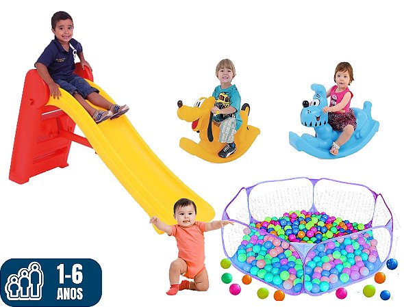 PROMO KIT: ESCORREGADOR, GANGORRAS e MINI-PISCINA DE BOLINHAS coloridas (área mínima: 3m x 3m)