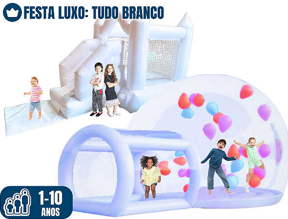 FESTA LUXO: BUBBLE HOUSE PREMIUM (4m x 5,5m/ altura: 3,10m) e Pula-Pula CASTELINHO BRANCO PREMIUM (4m x 2,5m / altura: 2m)