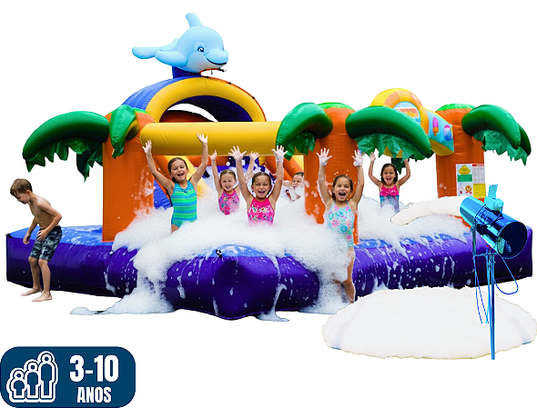 FESTA DA ESPUMA NA PISCINA DO GOLFINHO com água e espuma (3x1: espuma, escorregador  e piscina com água) (4m x 4m / altura: 2,50m)
