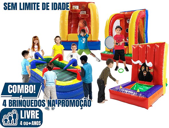 PROMO KIT: PARQUINHO INFLÁVEL (4 Jogos: Basquete, Tênis, Argolas e Mesa de Futebol) (área total: 8m x 2,50m / altura: 1,50m)