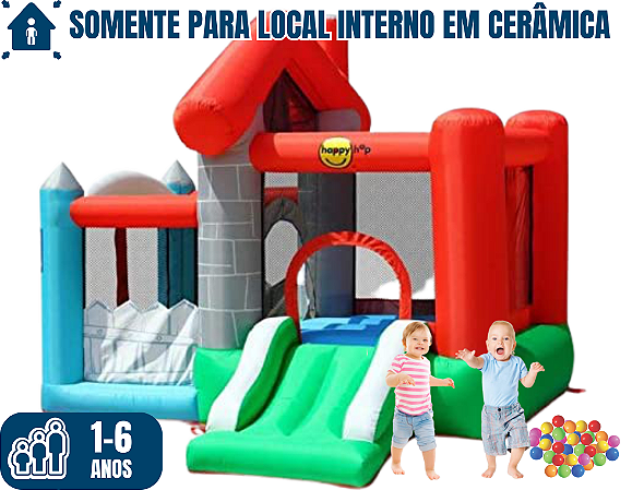 Pula-Pula CASINHA FELIZ (para local interno em cerâmica) (3x1: pula-pula, bolinhas e mini-escorrego) (área total: 3,5m x 3m / altura: 2,10m)