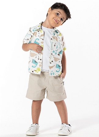 Conjunto Infantil Masculino Dinossauro Camisa Tricoline e Bermuda
