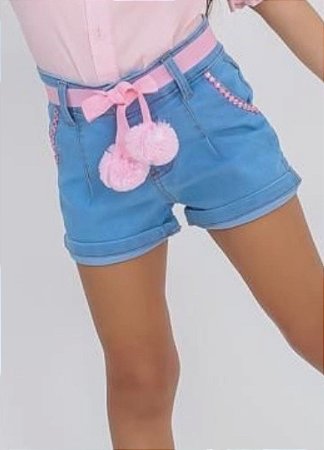 Short Jeans Infantil Feminino Com Cinto Pompom