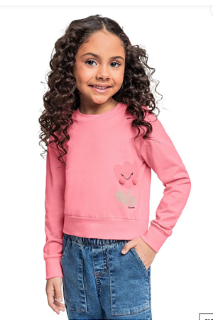 Blusa Cropped Infantil Manga Longa em Meia Malha Rosa
