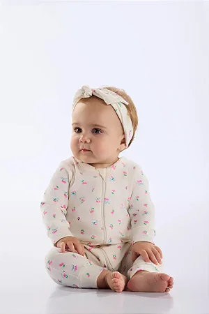 Macacão Estampado em Suedine para Bebê Menina (Off White) Up Baby