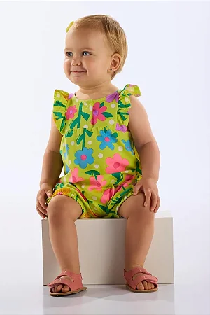 Macaquinho Floral em Cotton para Bebê Menina (Verde Claro) Up Baby