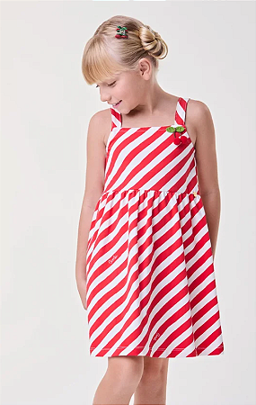 Vestido Vermelho Listrado com Patch Cerejinha Bimbi