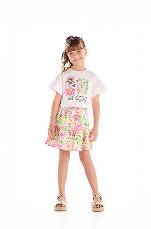 Conjunto Infantil Floral com Blusa e Short-Saia (Branco) Quimby