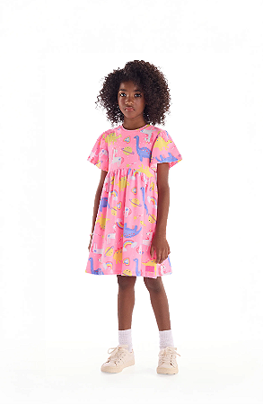 Vestido Infantil em Cotton Dinos e Unicórnios (Rosa) Quimby