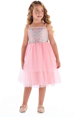 Vestido Infantil em Paetê e Tule Rosa Quimby
