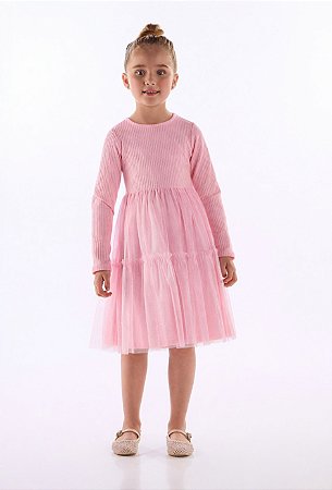 Vestido Infantil Manga Longa em Ribana com Saia de Tule Rosa Quimby