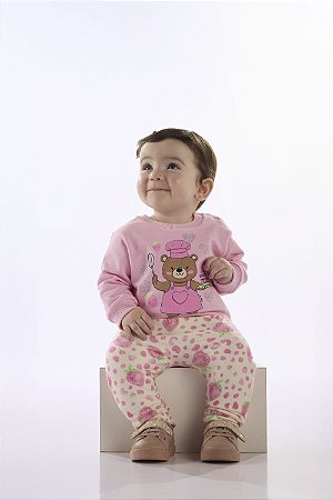 Conjunto Bebê Menina Manga Longa e Calça Ursinha Moranguinhos Rosa Up Baby