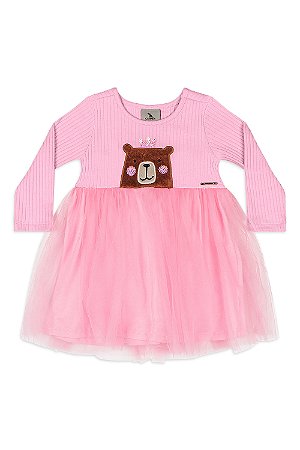 Vestido para Bebê em Ribana com Tule e Forro (Rosa) Quimby