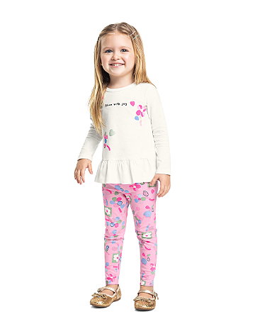 Conjunto Menina Blusa com Babados e Legging Floral Off White Bee Loop