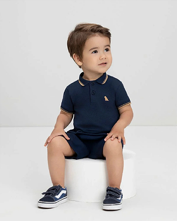 Macaquinho Polo Bebê Menino em Piquet Azul Marinho Quimby
