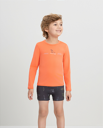 Conjunto Infantil com Camiseta FPS+50 e Sunga Boxer Laranja