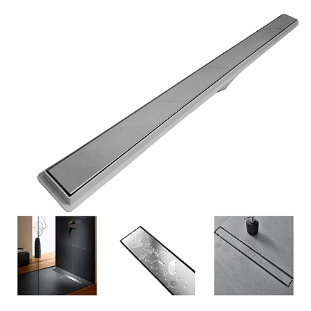 Ralo Anti Odor 5x50cm Inox Cega ou Cola Piso com Coletora Cinza e Tela Anti Insetos