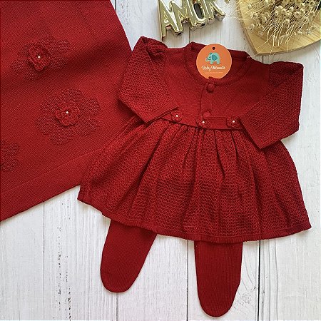 Saída Maternidade Tricô Vestido Flor 3 Peças - Vermelha - Baby Mamute -  Roupas para bebês e crianças