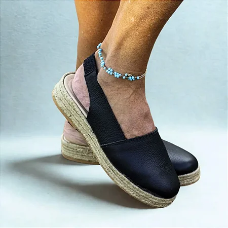 Espadrille Plataforma Feminina em Couro Preto com Juta Natural Confortável