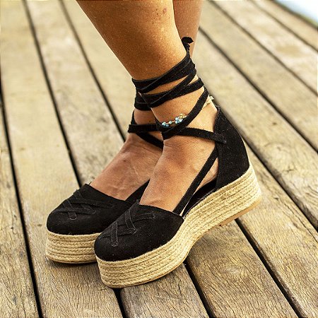 Sandália Flatform Girardis em Couro camurção preto