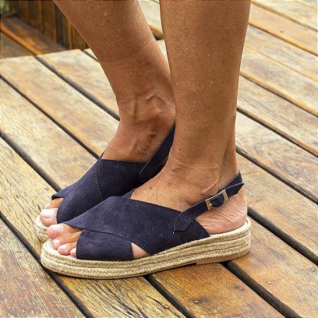 Sandália Flatform Girardis em couro Camurça Azul Marinho