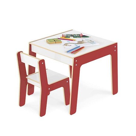 Conjunto Mesa e Cadeirinha Infantil Vermelha Madeira Junges