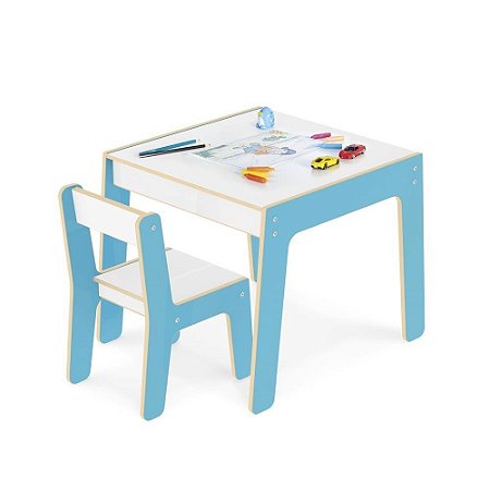 Conjunto Mesinha e Cadeira Infantil Azul Madeira Junges