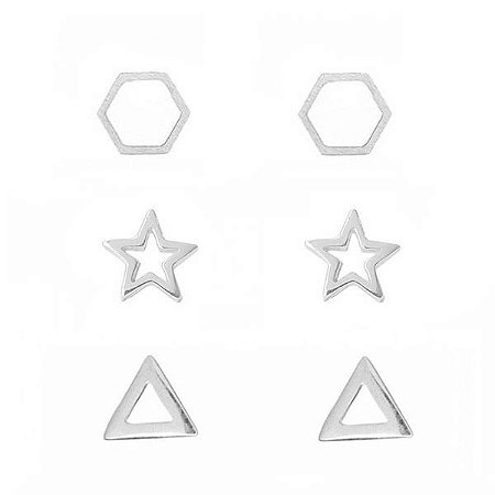 Cartela Kit Três Brincos Coração, Estrela E Geometrico - Prata 925