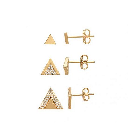 Kit Três Brincos Triângulo - Folheado A Ouro