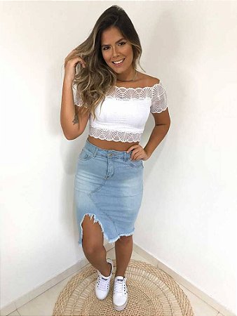 saia jeans cintura alta desfiada