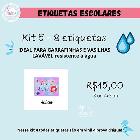 Etiquetas escolares Kit 5 - 8 etiquetas EM VINIL A PROVA D'ÁGUA