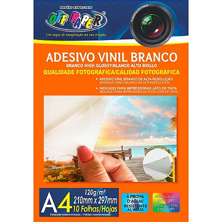 Adesivo Vinil branco 120g, formato A4, pct com 10 fls