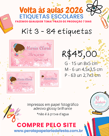 Etiquetas escolares personalizadas Kit 3 - 84 etiquetas