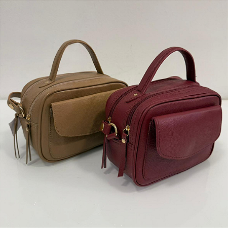 Bolsa Themis Bad Rocker - Couro Legítimo Vinho Bordô e Bege Caramelo