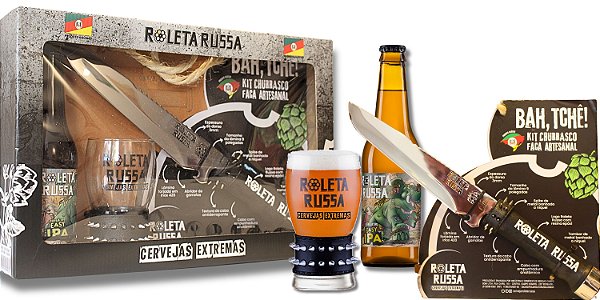 KIT CHURRASCO ROLETA RUSSA (Faca Artesanal Inox, Cerveja e Copo)