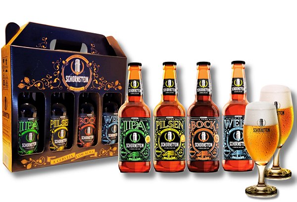 Kit Presente Cerveja Schornstein 4 garrafas 500 ml e 2 Taças Schornstein 350 ml