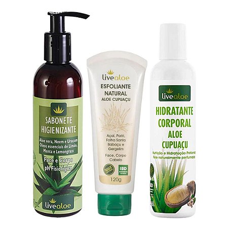 Kit Natural Corporal Livealoe: Sabonete Higienizante + Esfoliante + Hidratante Aloe Cupuaçu