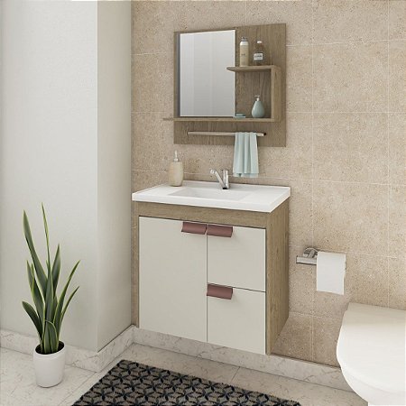 GABINETE BANHEIRO MGM TULIPA 59CM COM ESPELHEIRA CARVALHO E BRANCO
