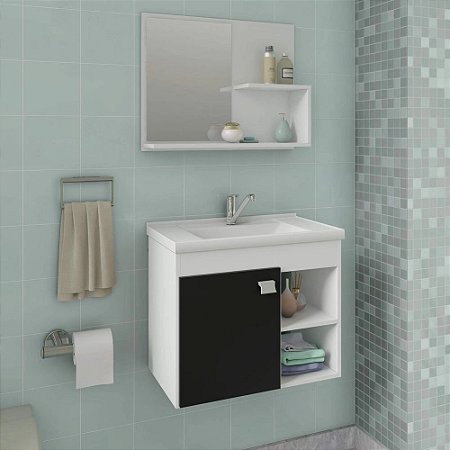 GABINETE BANHEIRO MGM LOTUS 55CM COM ESPELHEIRA BRANCO/PRETO