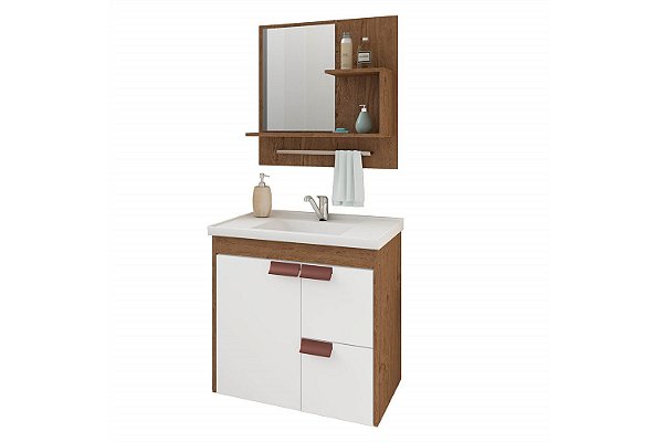 GABINETE BANHEIRO MGM TULIPA 59CM COM ESPELHO AMÊNDOA/BRANCO