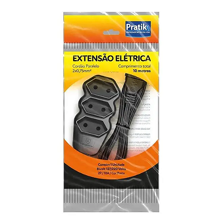 EXTENSÃO TRIPLA PP 10MT PRETO PRATIK
