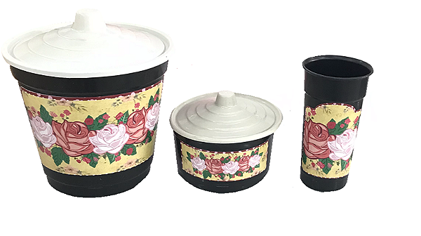 KIT PIA PLÁSTICO 3 PC PRETO DESENHO ROSAS